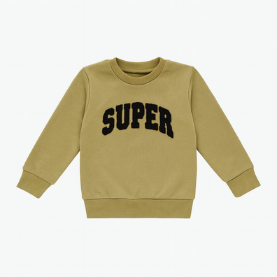 Boys Beige Sweatshirt – "SUPER" Chenille Embroidery | Cotton Fleece